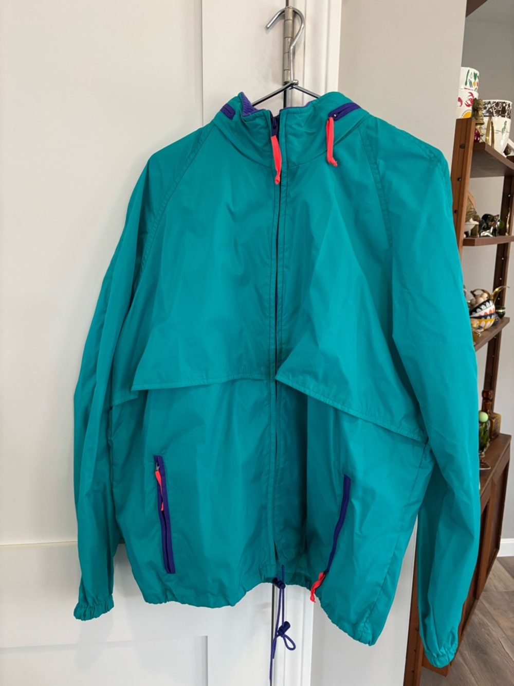 Woolrich Teal Windbreaker Raincoat with Purple Trim and Coral Accents